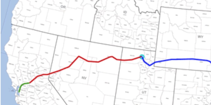 Part of the route of the First Transcontinental Railroad. Central Pacific line (red), Union Pacific line (blue).